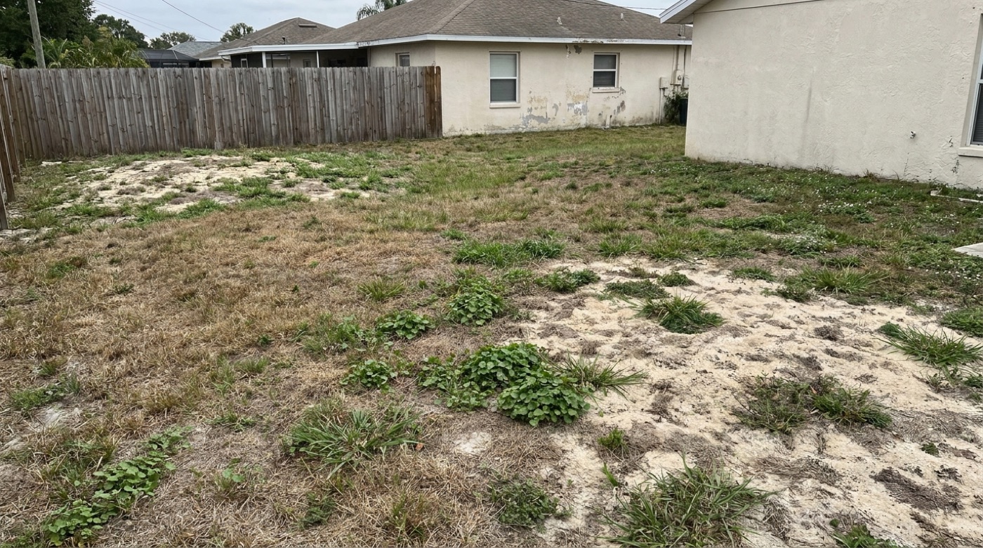 Backyard before — patchy struggling lawn