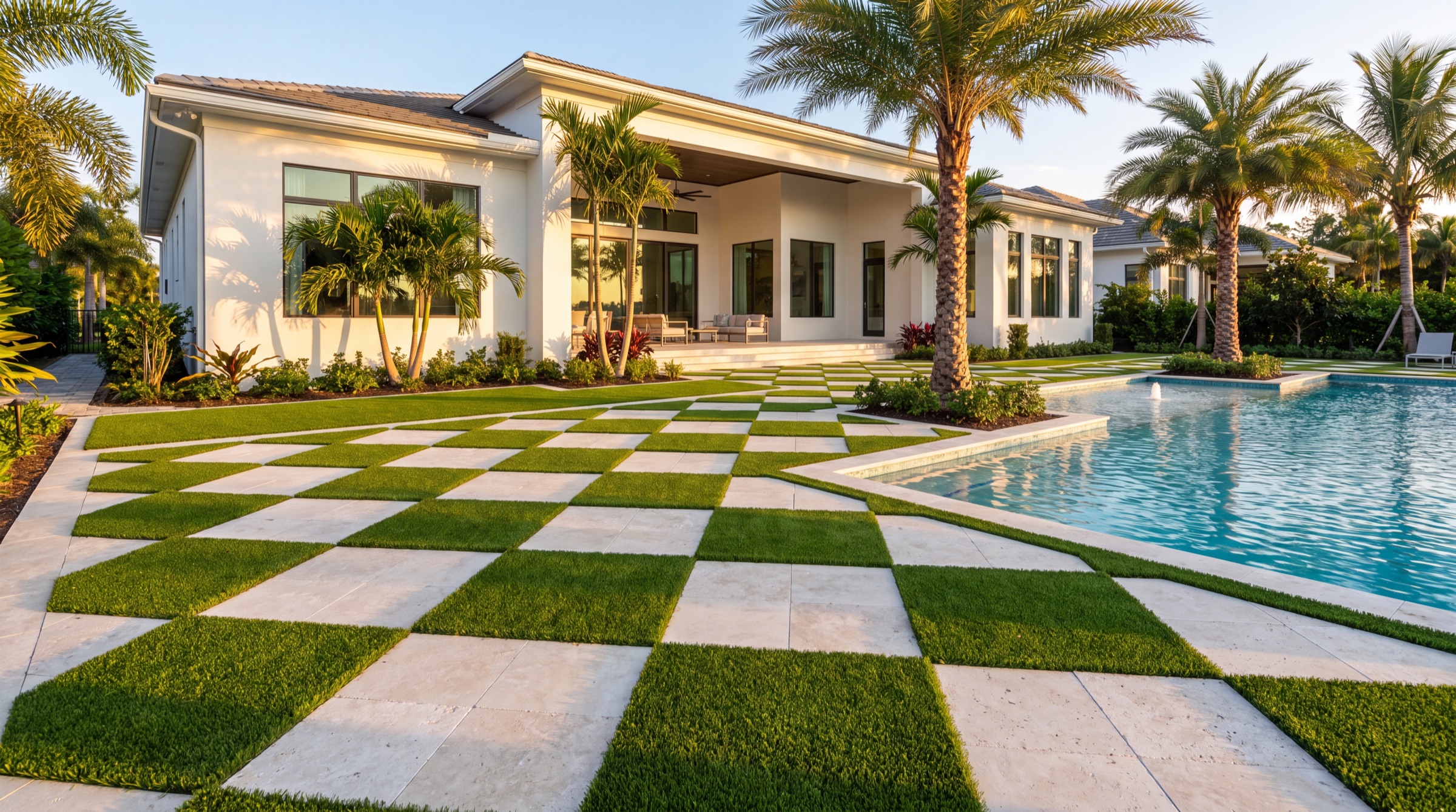 Checkerboard paver and turf patio beside a pool