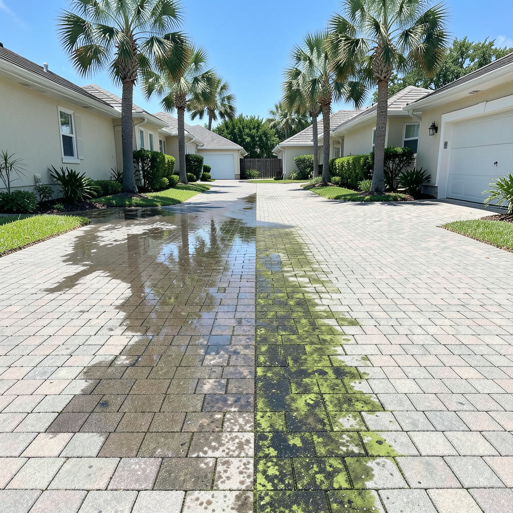 Driveway being pressure washed by Groundworks
