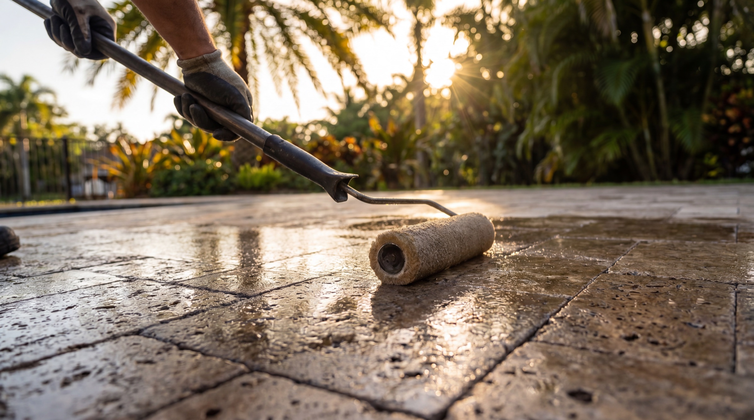 Professional applying paver sealer
